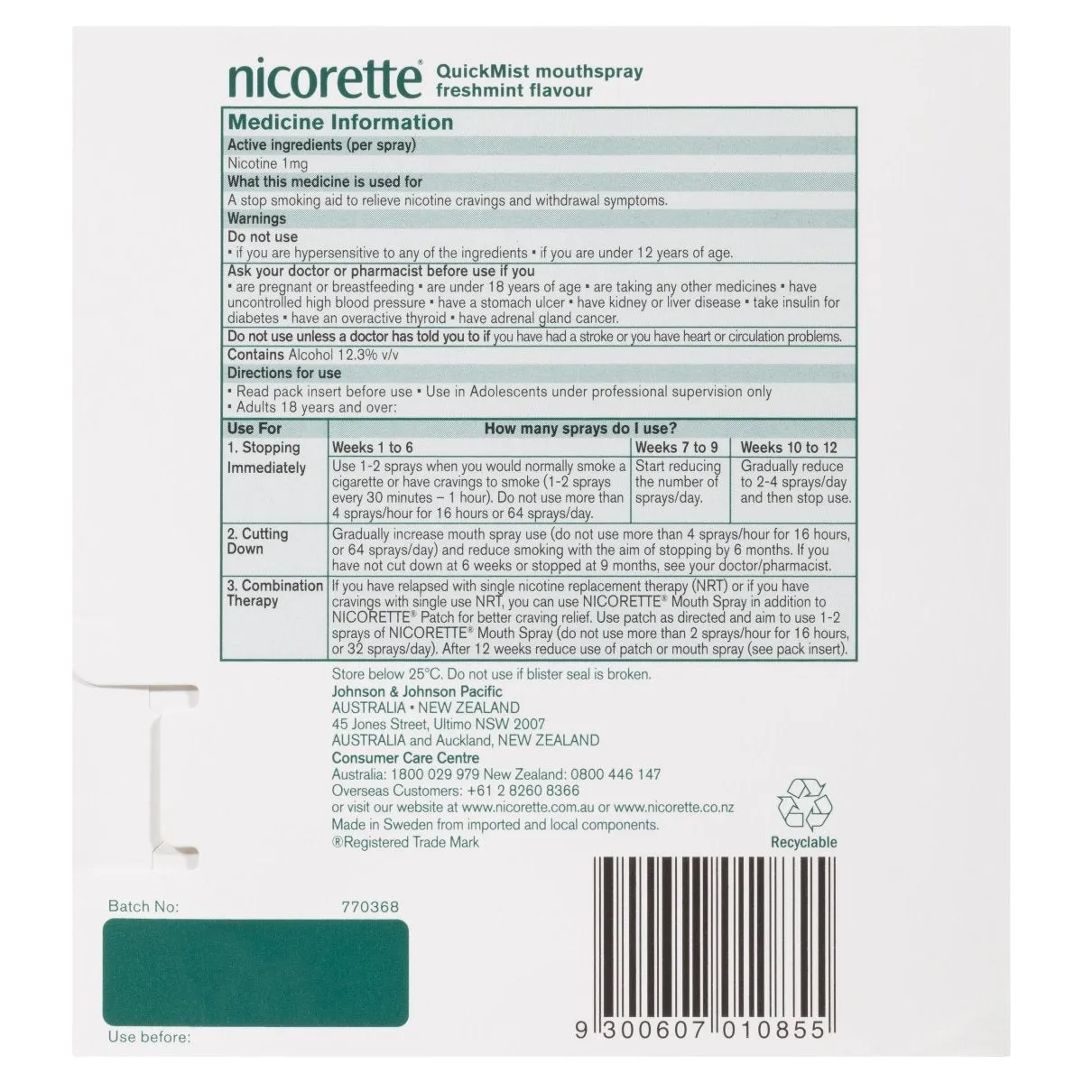 Nicorette Quit Smoking Mouth Spray Freshmint 2X150 Pack