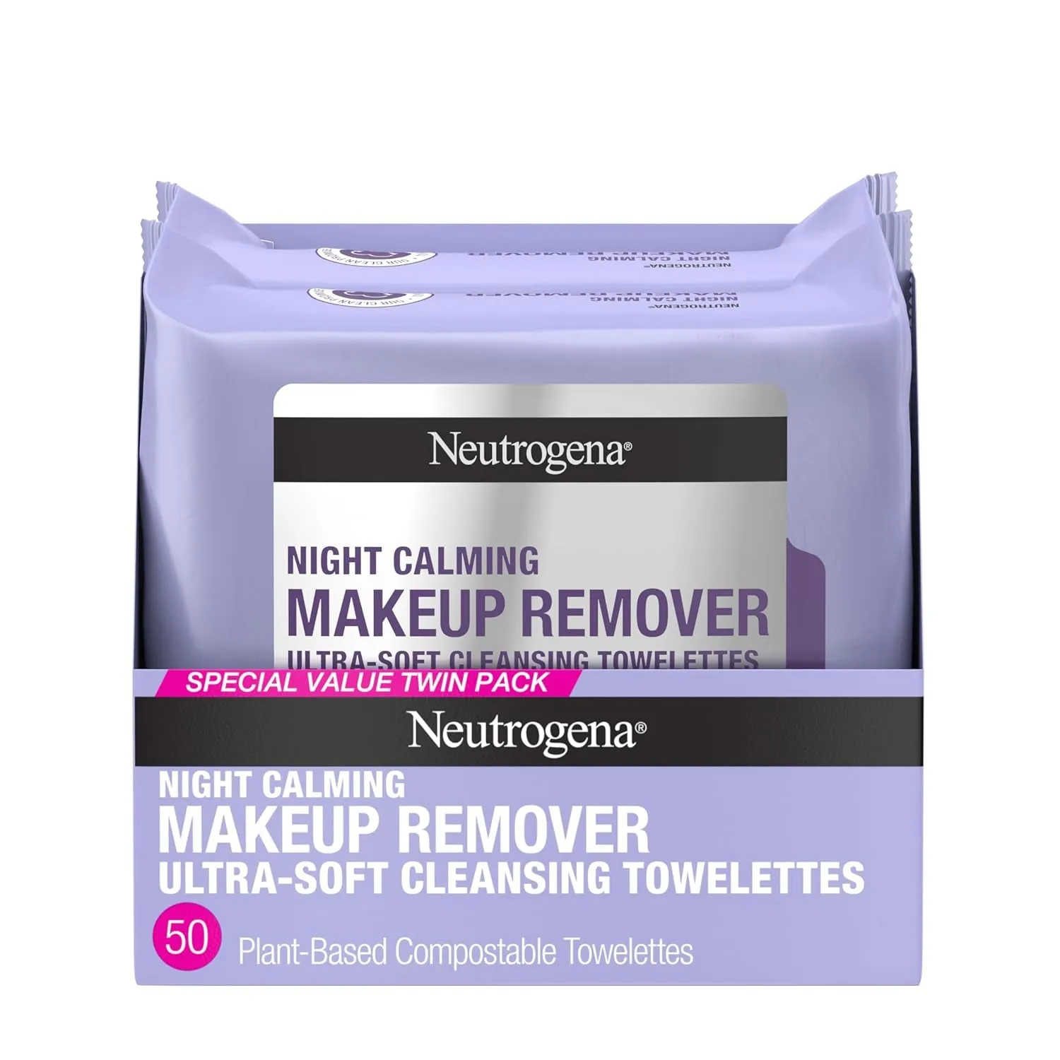 Night Calming Makeup Remover Face Wipes, Nighttime Cleansing Towelettes Remove Sweat, Dirt & Makeup & Calms Skin, Hypoallergenic, 100% Plant Based Cloth, 50 Count (2 Packs of 25)