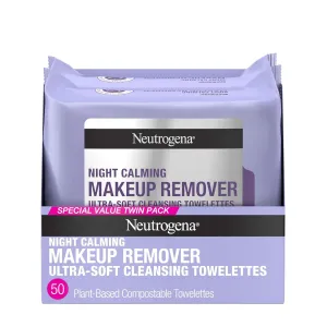 Night Calming Makeup Remover Face Wipes, Nighttime Cleansing Towelettes Remove Sweat, Dirt & Makeup & Calms Skin, Hypoallergenic, 100% Plant Based Cloth, 50 Count (2 Packs of 25)
