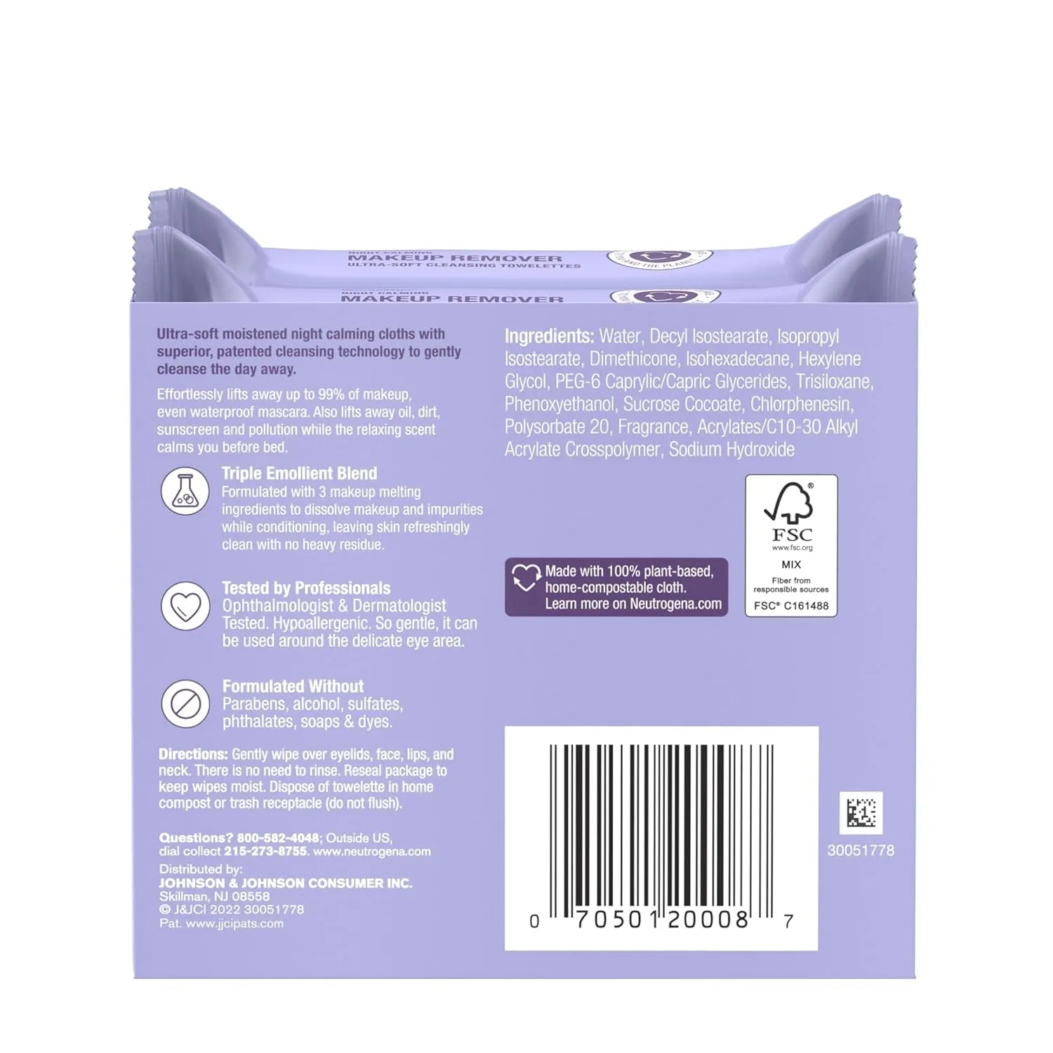 Night Calming Makeup Remover Face Wipes, Nighttime Cleansing Towelettes Remove Sweat, Dirt & Makeup & Calms Skin, Hypoallergenic, 100% Plant Based Cloth, 50 Count (2 Packs of 25)