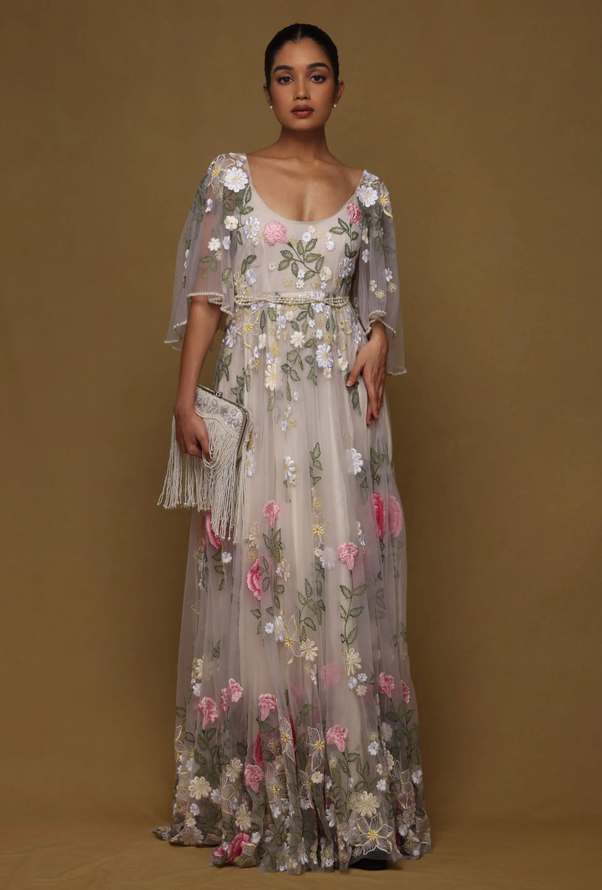 Nude floral gown with pearl belt