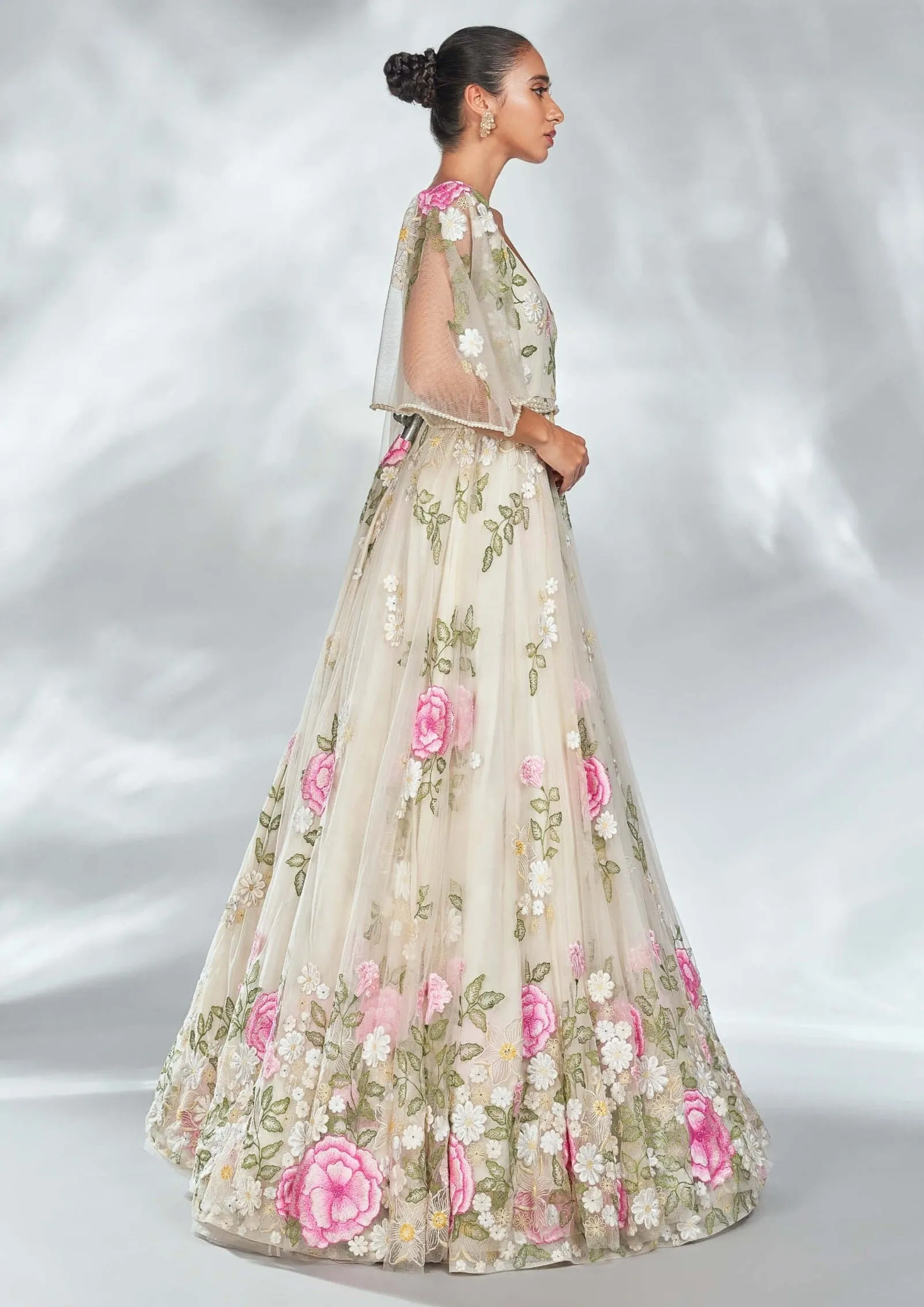 Nude floral gown with pearl belt