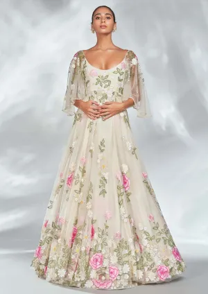 Nude floral gown with pearl belt