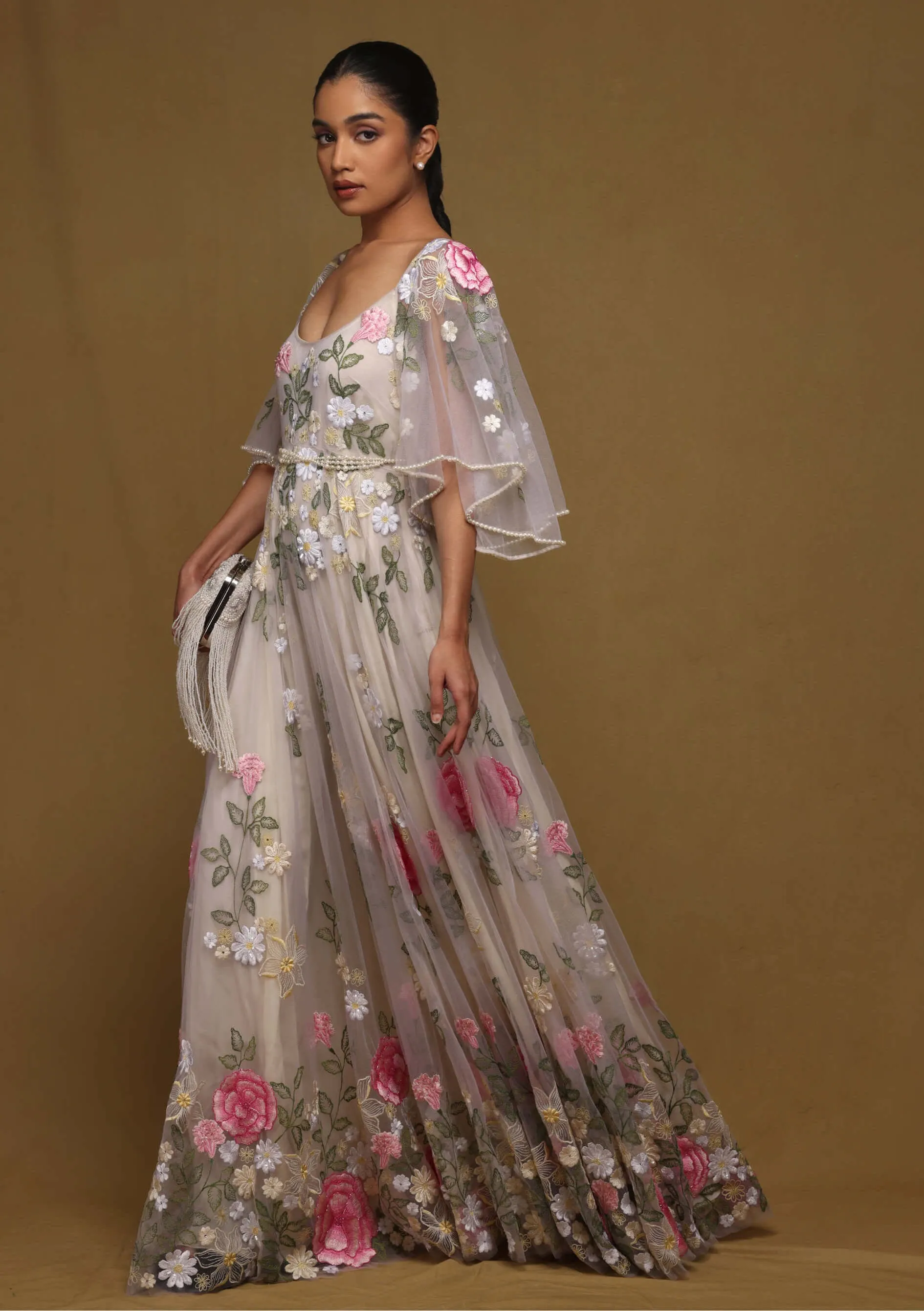 Nude floral gown with pearl belt
