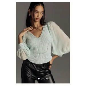 NWT! ANTHROPOLOGIE Sheer Long-Sleeve‎ V-Neck Knit Sweater Mint Ice Blue Size S