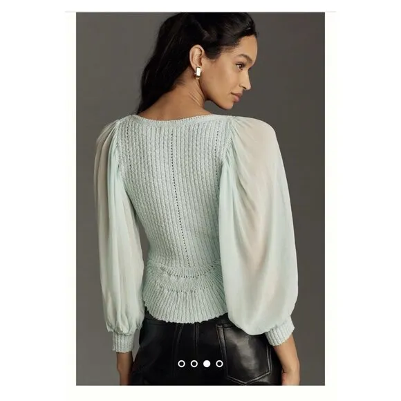 NWT! ANTHROPOLOGIE Sheer Long-Sleeve‎ V-Neck Knit Sweater Mint Ice Blue Size S