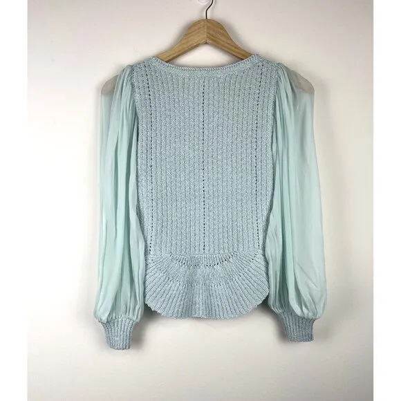 NWT! ANTHROPOLOGIE Sheer Long-Sleeve‎ V-Neck Knit Sweater Mint Ice Blue Size S