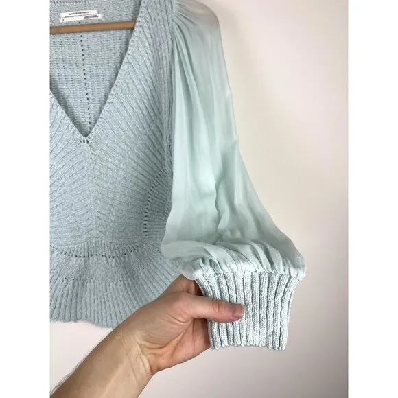 NWT! ANTHROPOLOGIE Sheer Long-Sleeve‎ V-Neck Knit Sweater Mint Ice Blue Size S