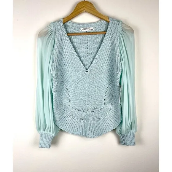 NWT! ANTHROPOLOGIE Sheer Long-Sleeve‎ V-Neck Knit Sweater Mint Ice Blue Size S