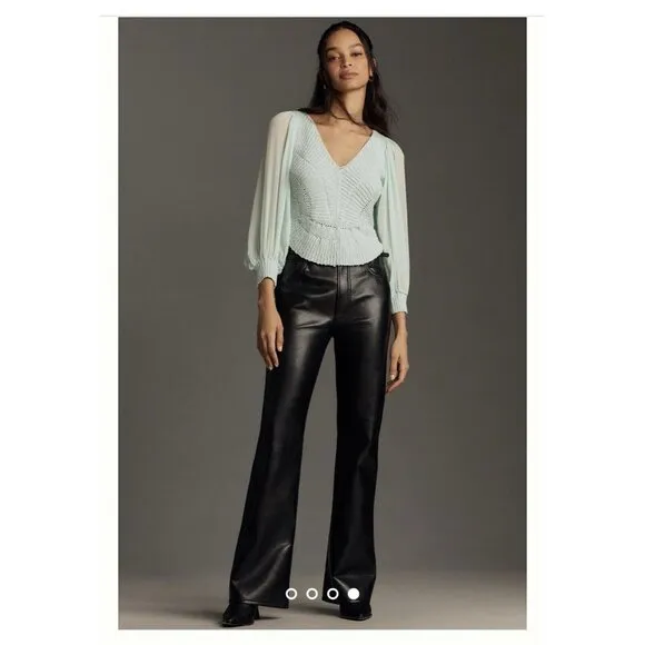 NWT! ANTHROPOLOGIE Sheer Long-Sleeve‎ V-Neck Knit Sweater Mint Ice Blue Size S