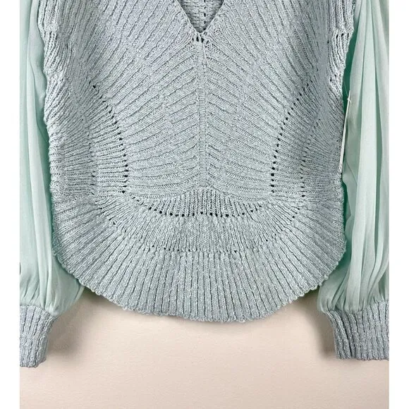 NWT! ANTHROPOLOGIE Sheer Long-Sleeve‎ V-Neck Knit Sweater Mint Ice Blue Size S