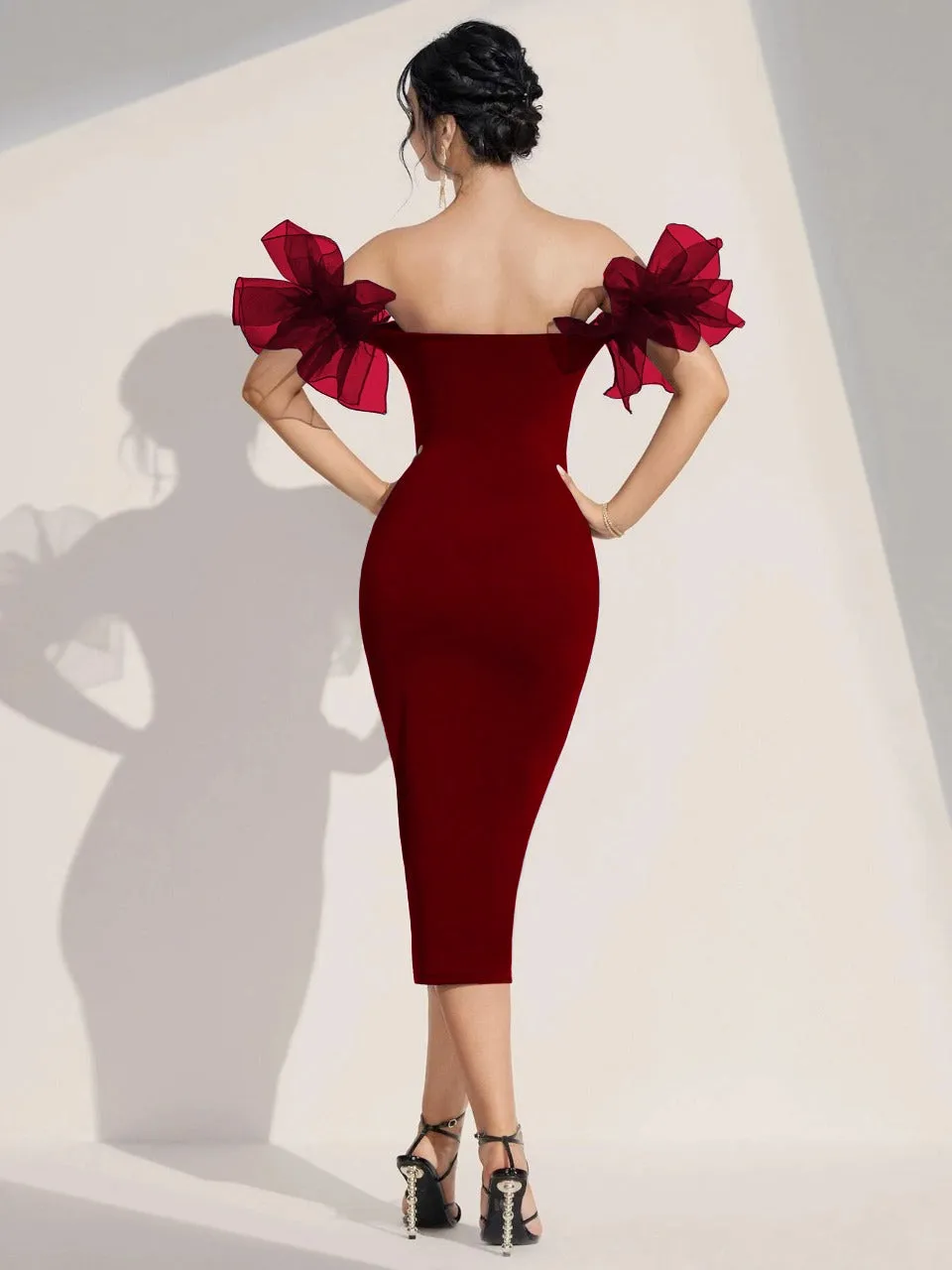 Off Shoulder Contrast Mesh Ruffle Trim Bodycon Dress( Clearance sale pre order