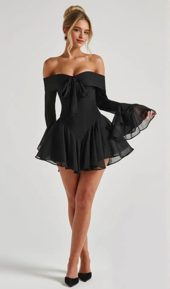Off-shoulder tie long-sleeved mini dress black