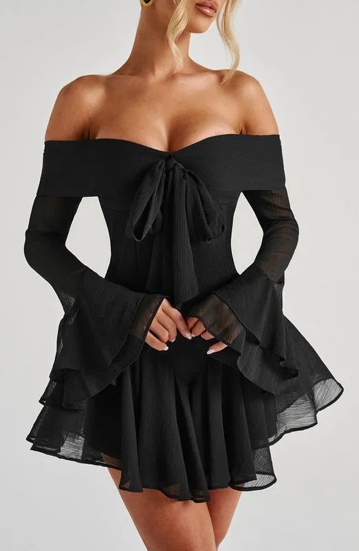 Off-shoulder tie long-sleeved mini dress black