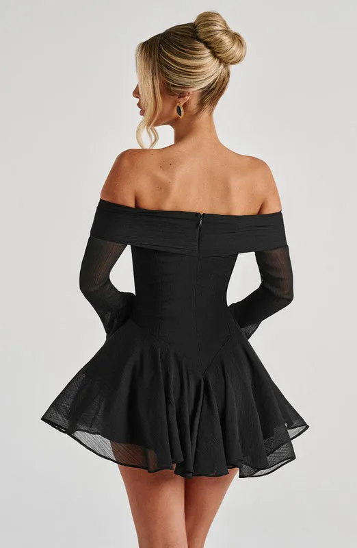 Off-shoulder tie long-sleeved mini dress black