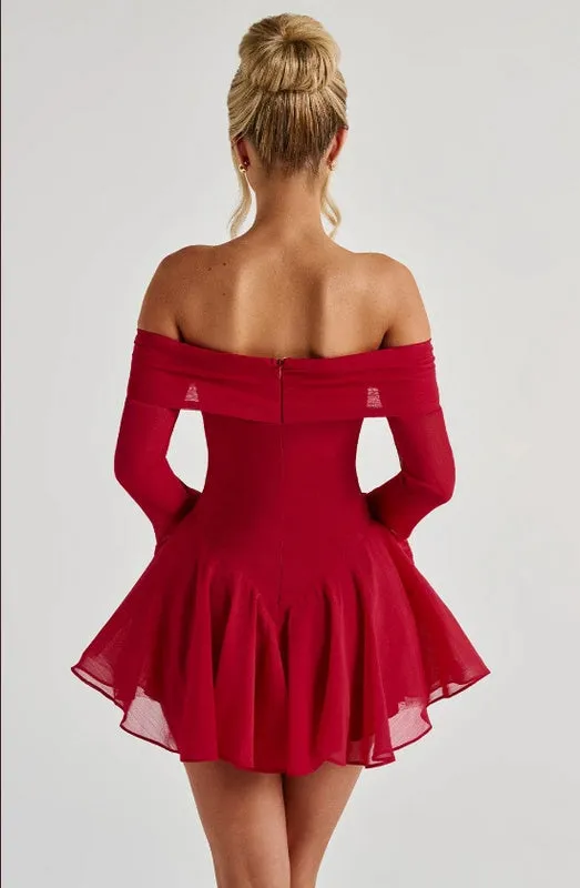 Off-shoulder tie long-sleeved mini dress red