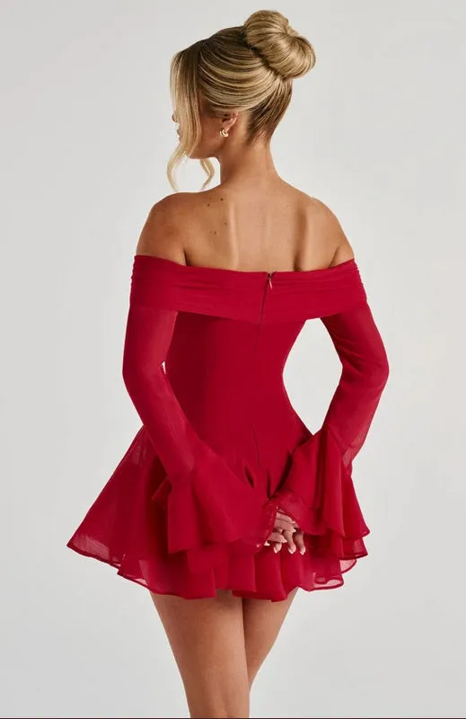 Off-shoulder tie long-sleeved mini dress red