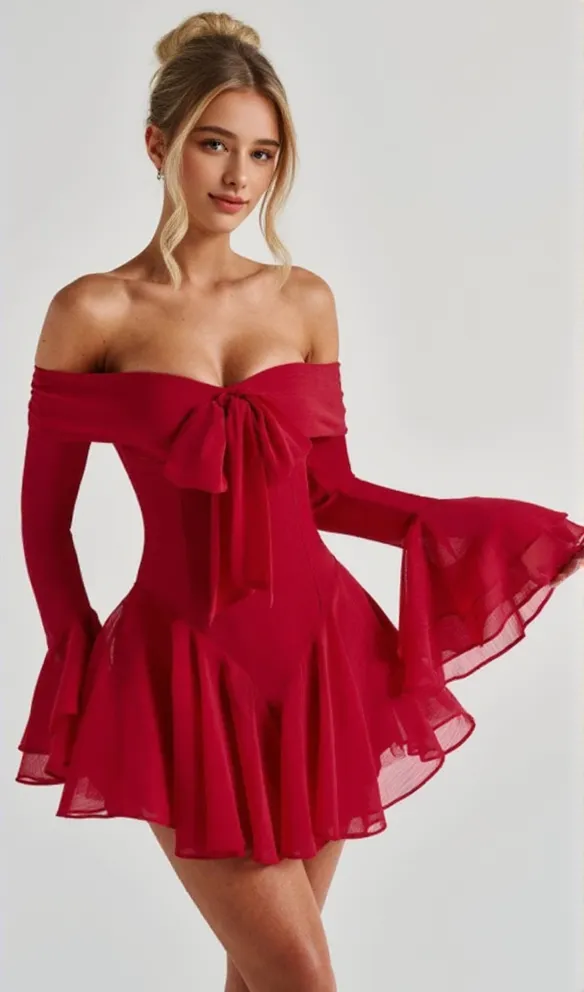 Off-shoulder tie long-sleeved mini dress red