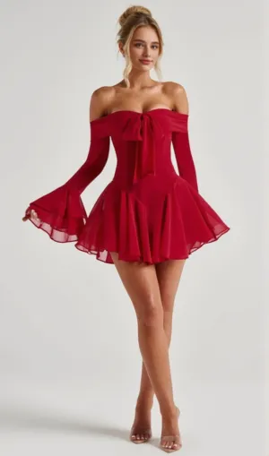 Off-shoulder tie long-sleeved mini dress red