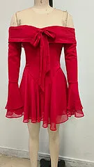 Off-shoulder tie long-sleeved mini dress red