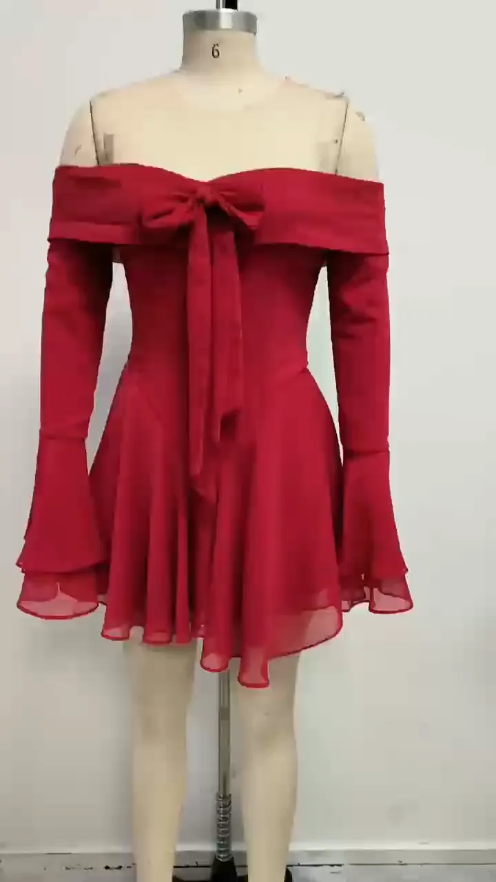 Off-shoulder tie long-sleeved mini dress red
