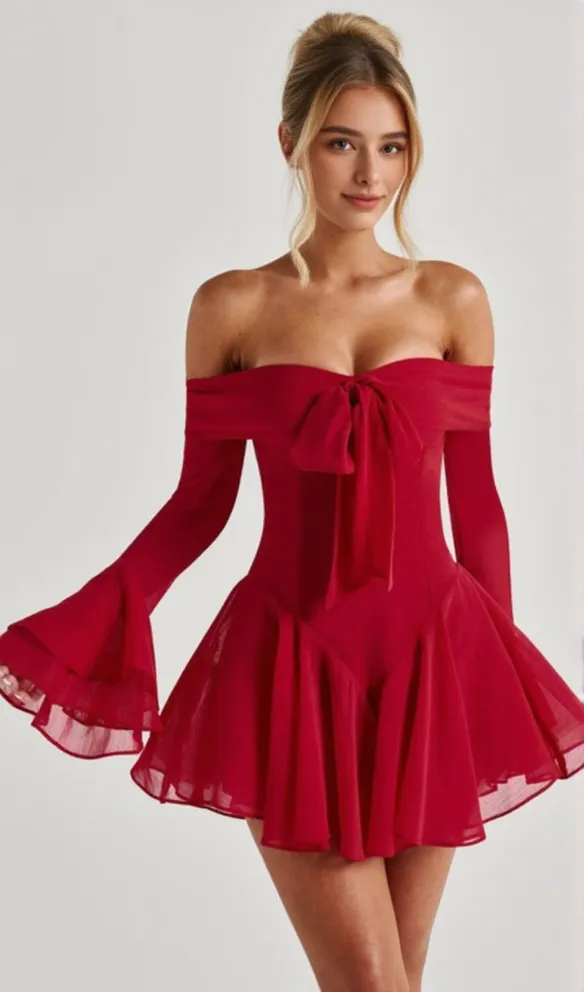Off-shoulder tie long-sleeved mini dress red