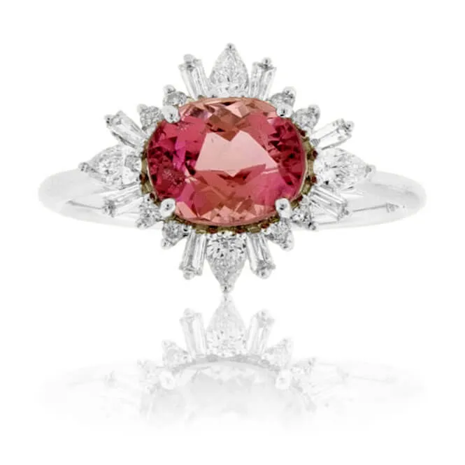 Oval-Cut Pink Tourmaline Oval & Diamond Sunburst Halo Ring