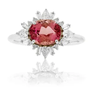 Oval-Cut Pink Tourmaline Oval & Diamond Sunburst Halo Ring