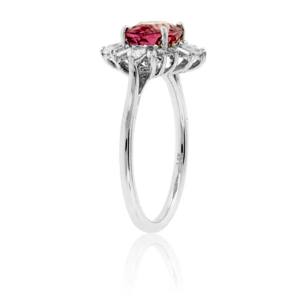 Oval-Cut Pink Tourmaline Oval & Diamond Sunburst Halo Ring