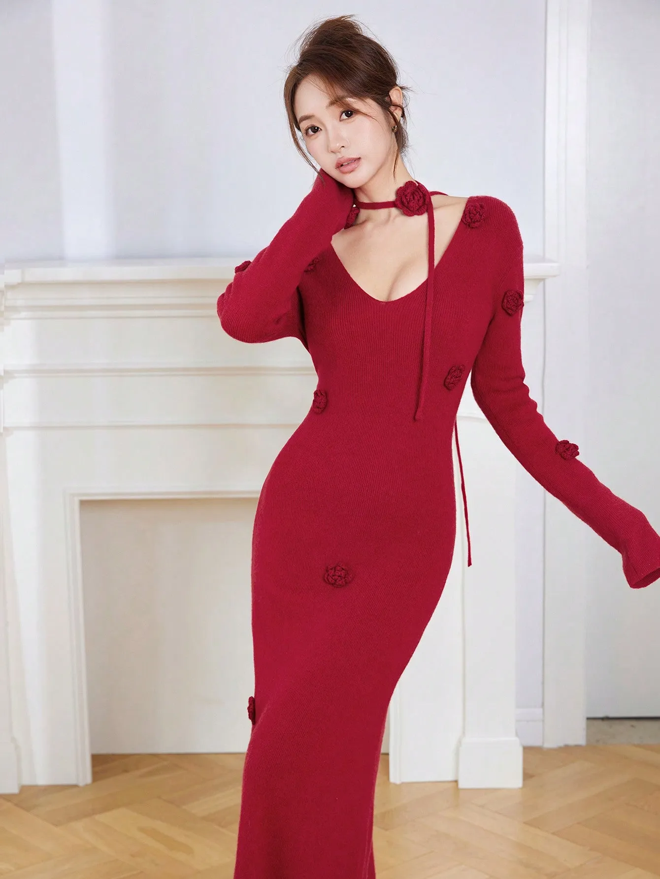 Parien 3D Floral Embellished Elegant Christmas Sweater Dress
