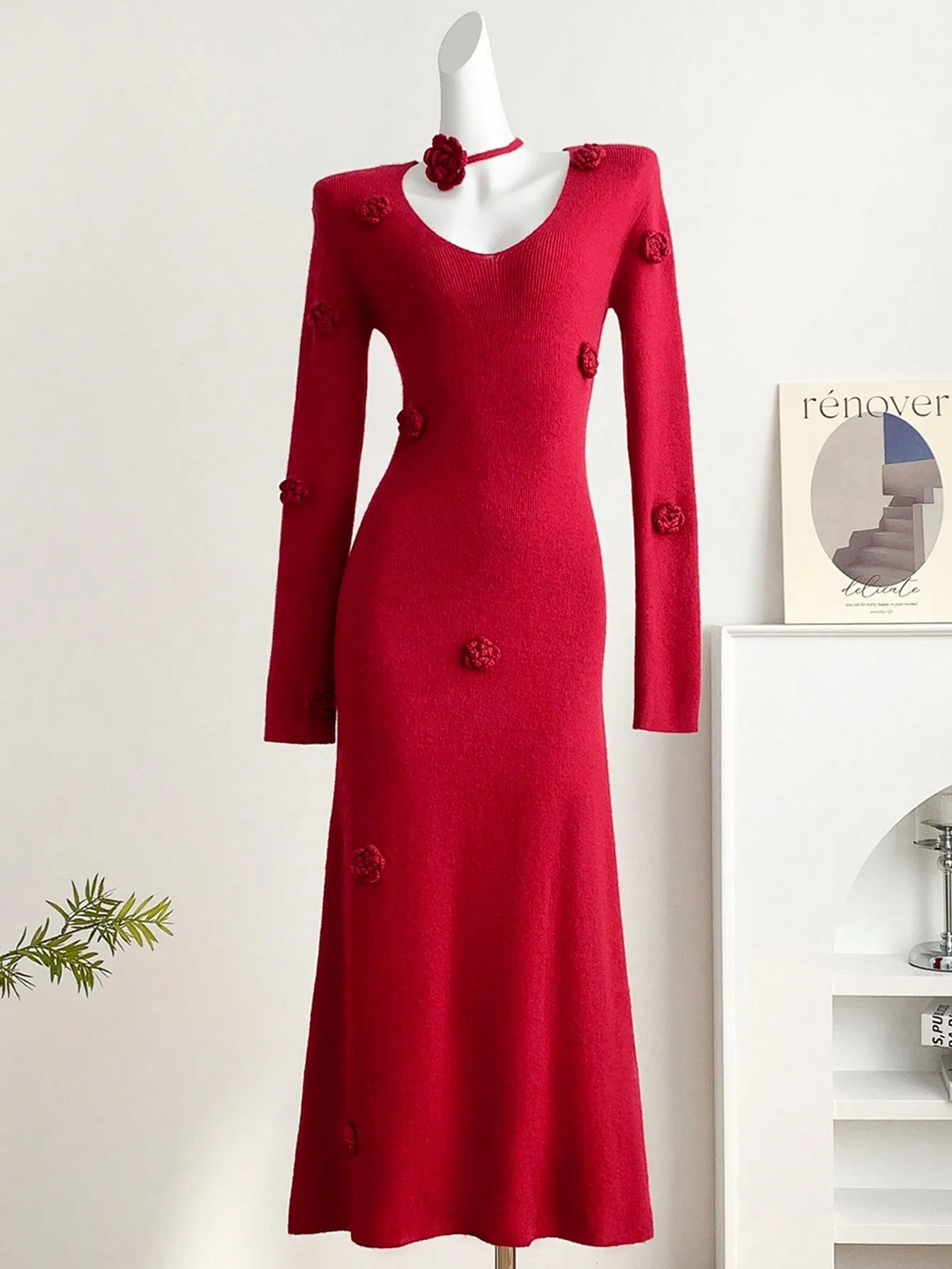 Parien 3D Floral Embellished Elegant Christmas Sweater Dress