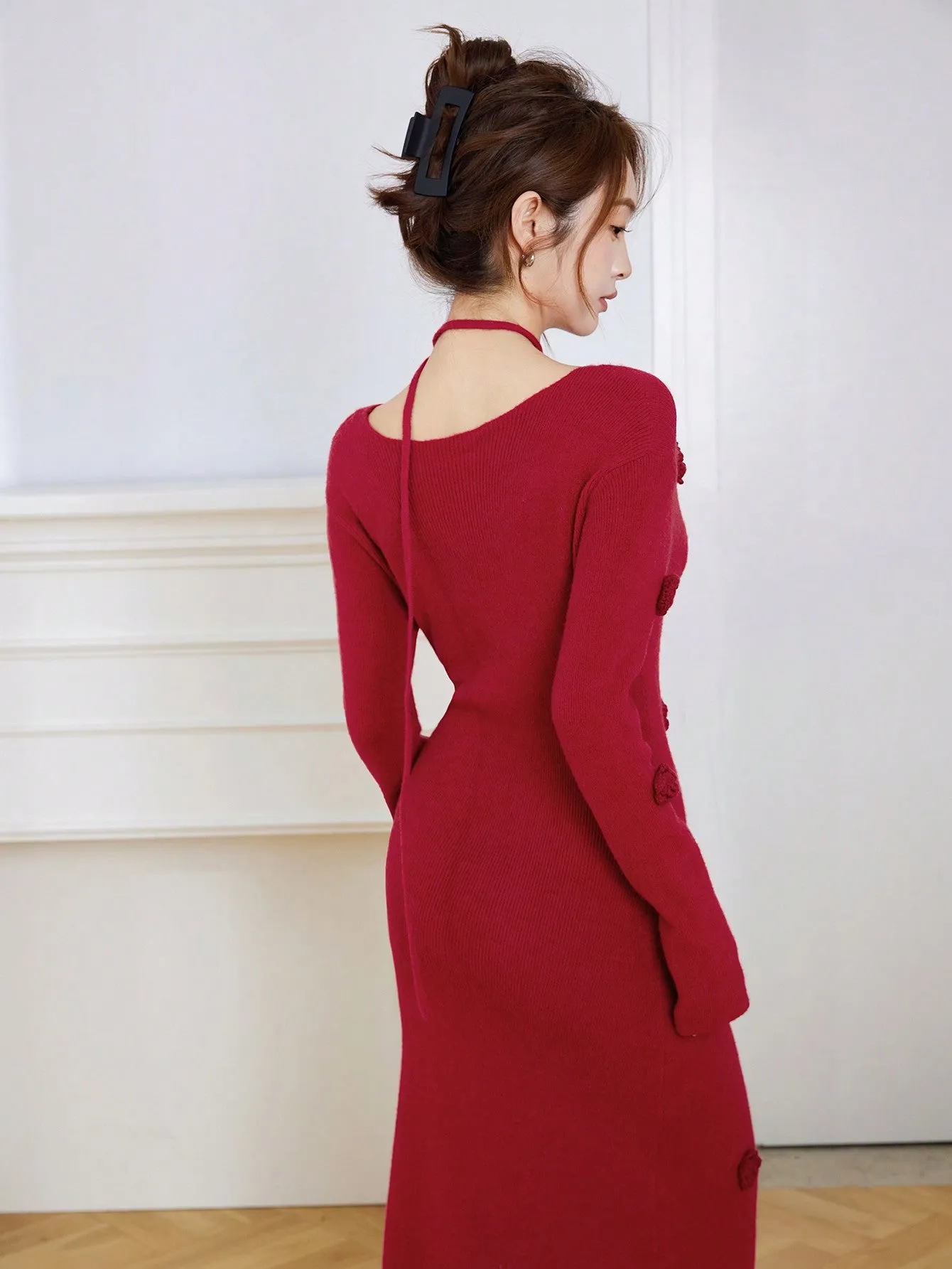 Parien 3D Floral Embellished Elegant Christmas Sweater Dress