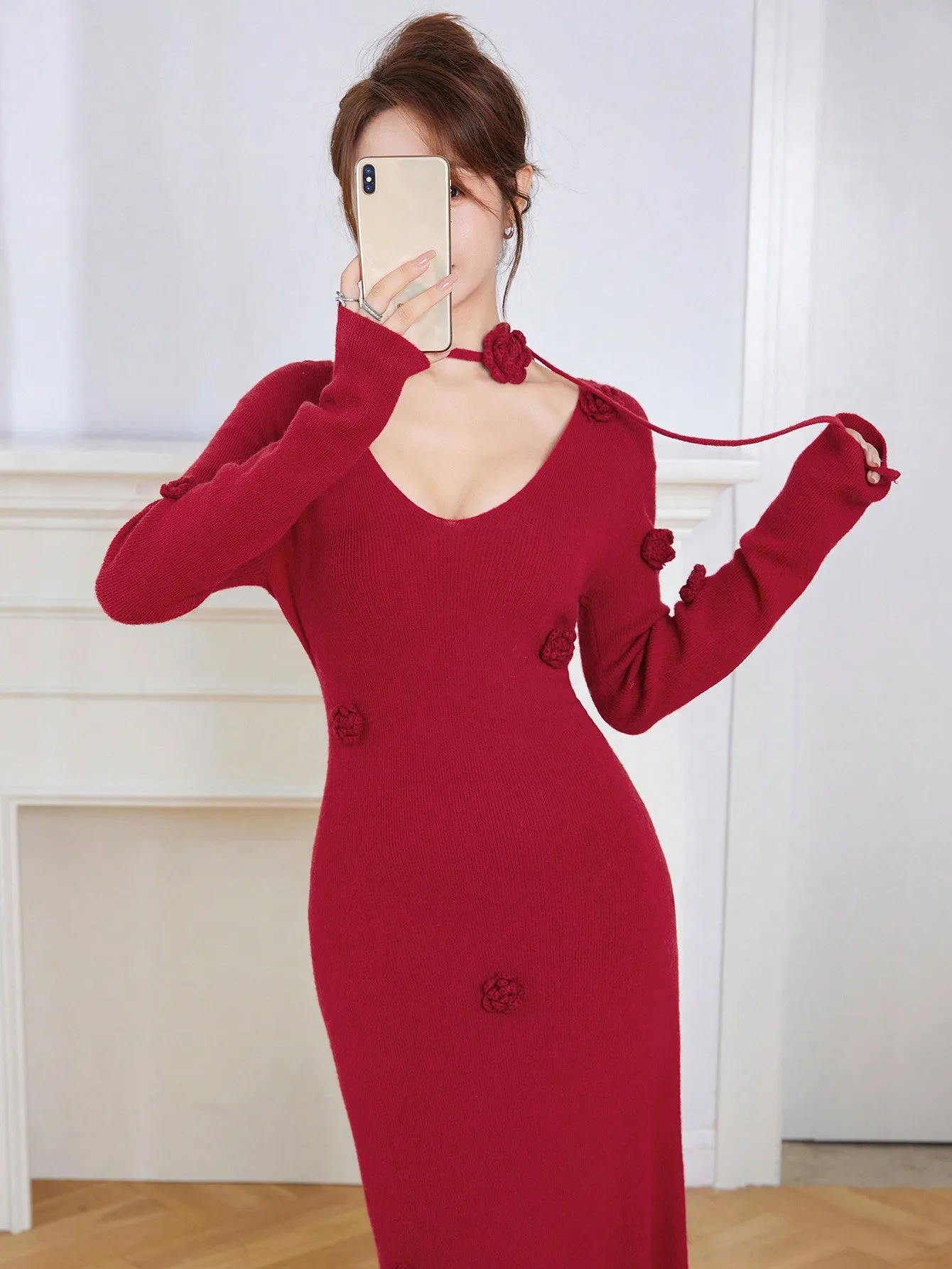Parien 3D Floral Embellished Elegant Christmas Sweater Dress