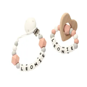 Personalised Dummy clip & Teething ring Gift set - Heart - Dusky Pink, Grey & White