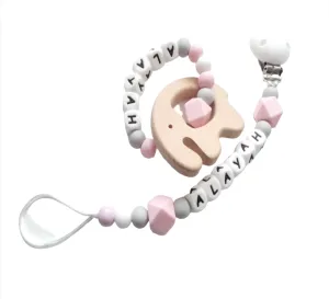 Personalised Dummy clip and Elephant  Teething ring set - Pink, Grey and White