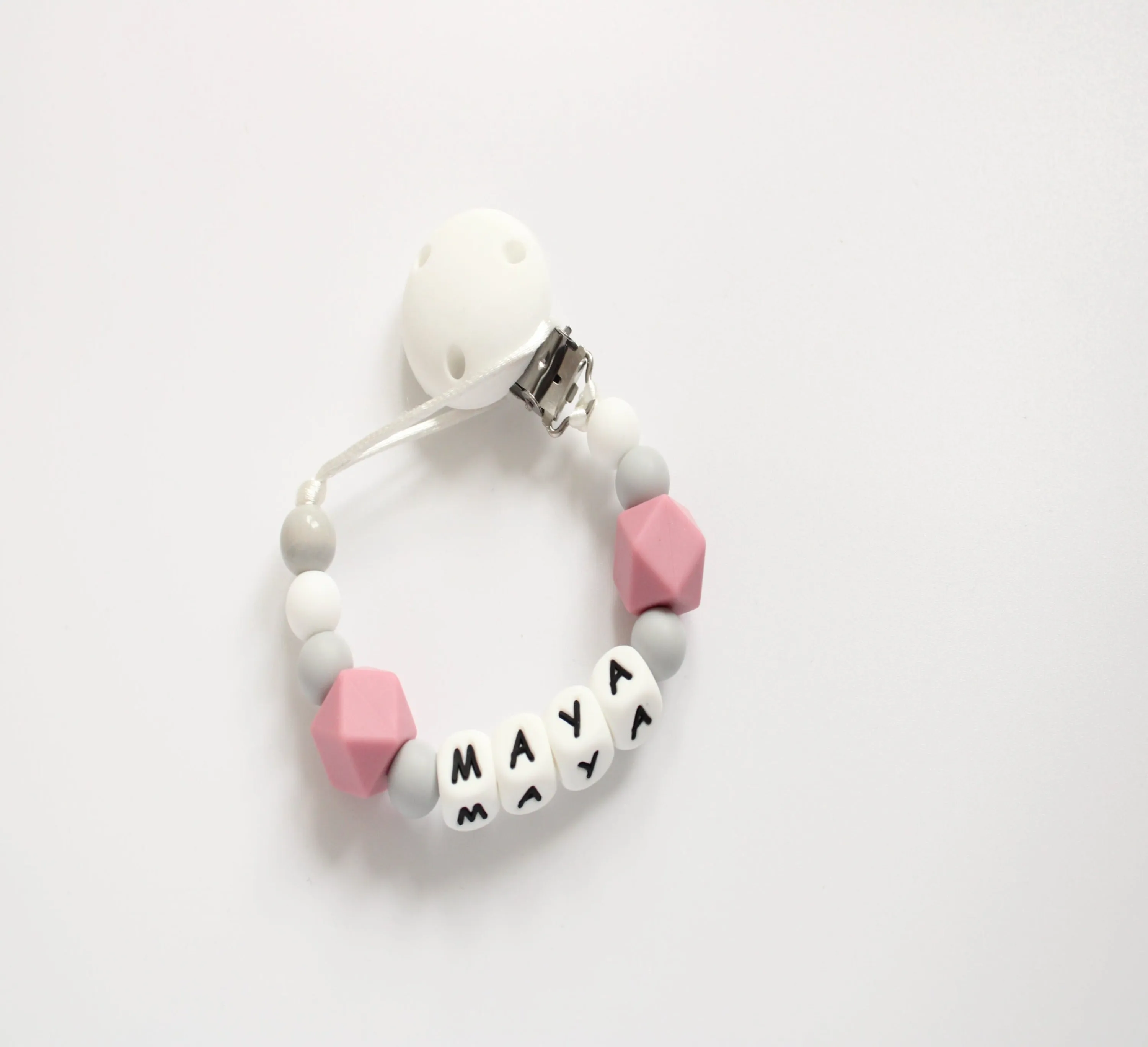 Personalised dummy clip- Blush, Grey & White