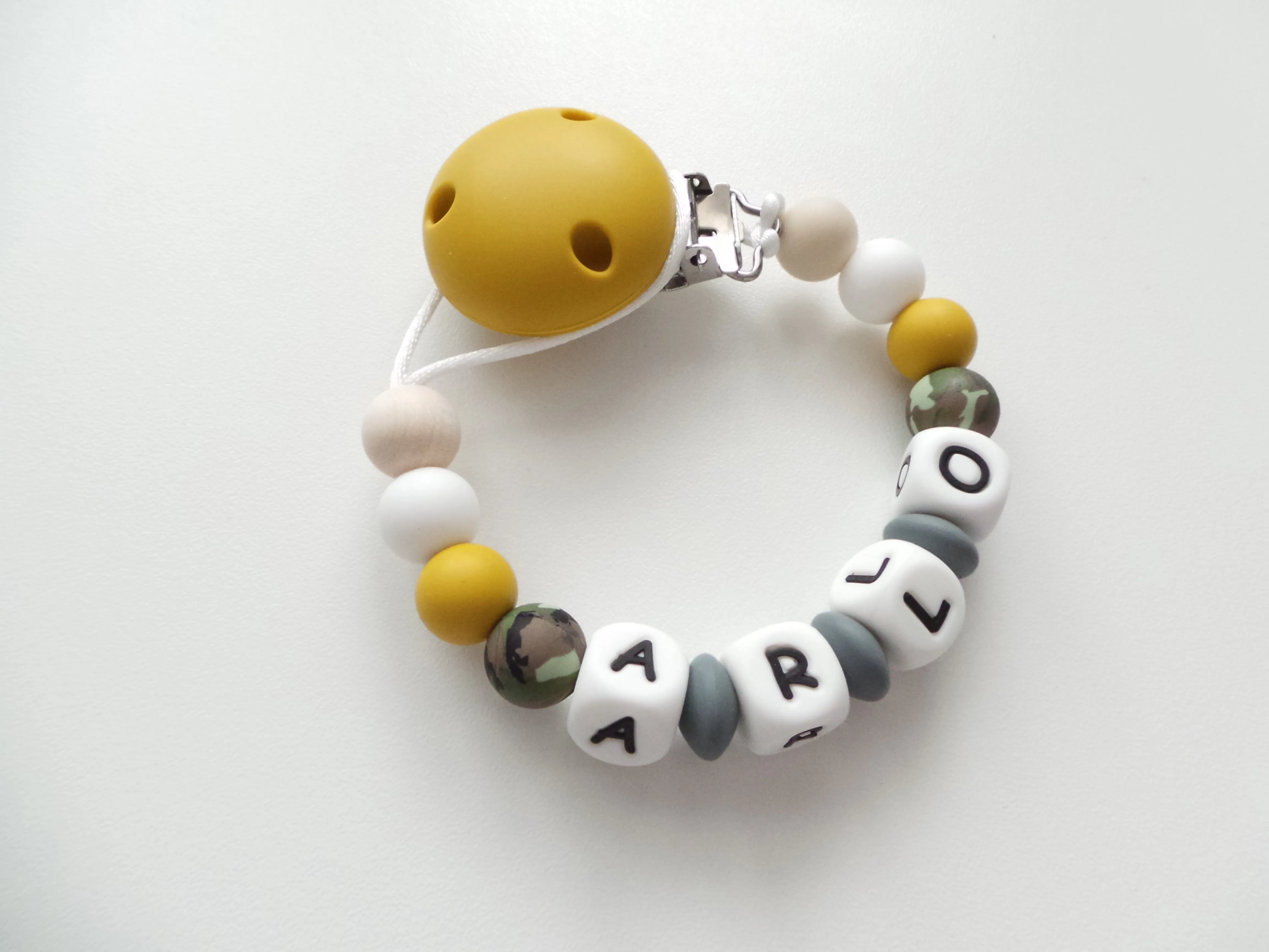 Personalised Dummy clip- Camouflage Khaki,Mustard & Grey