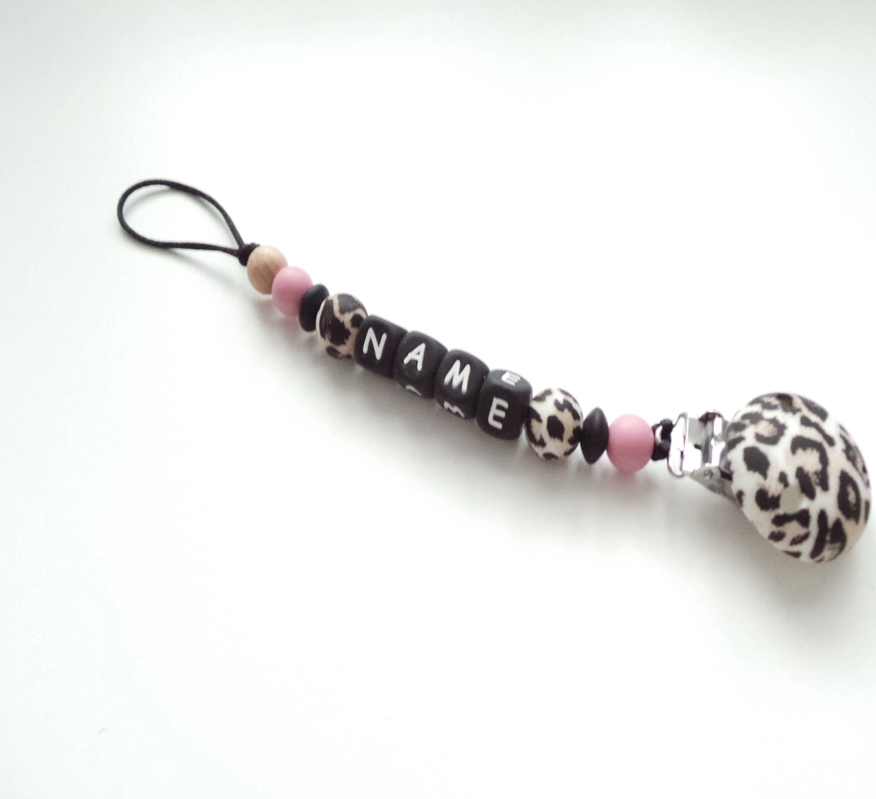 Personalised Dummy clip - Cheetah, Blush & Black