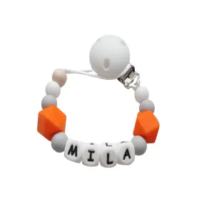 Personalised dummy clip - Orange, Grey & White