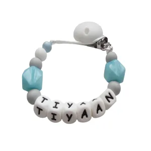 Personalised dummy clip - Pearl Blue, Grey & White