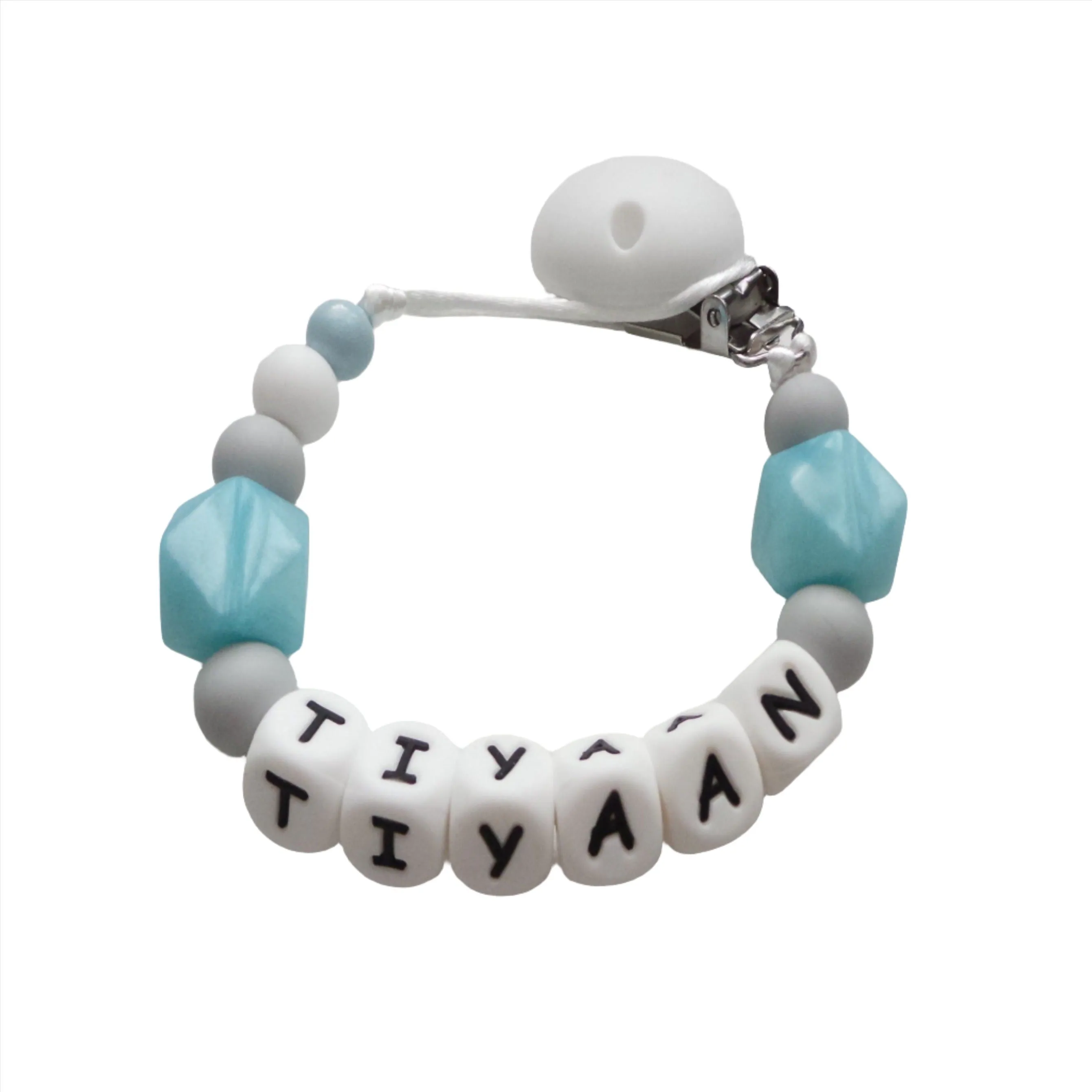 Personalised dummy clip - Pearl Blue, Grey & White
