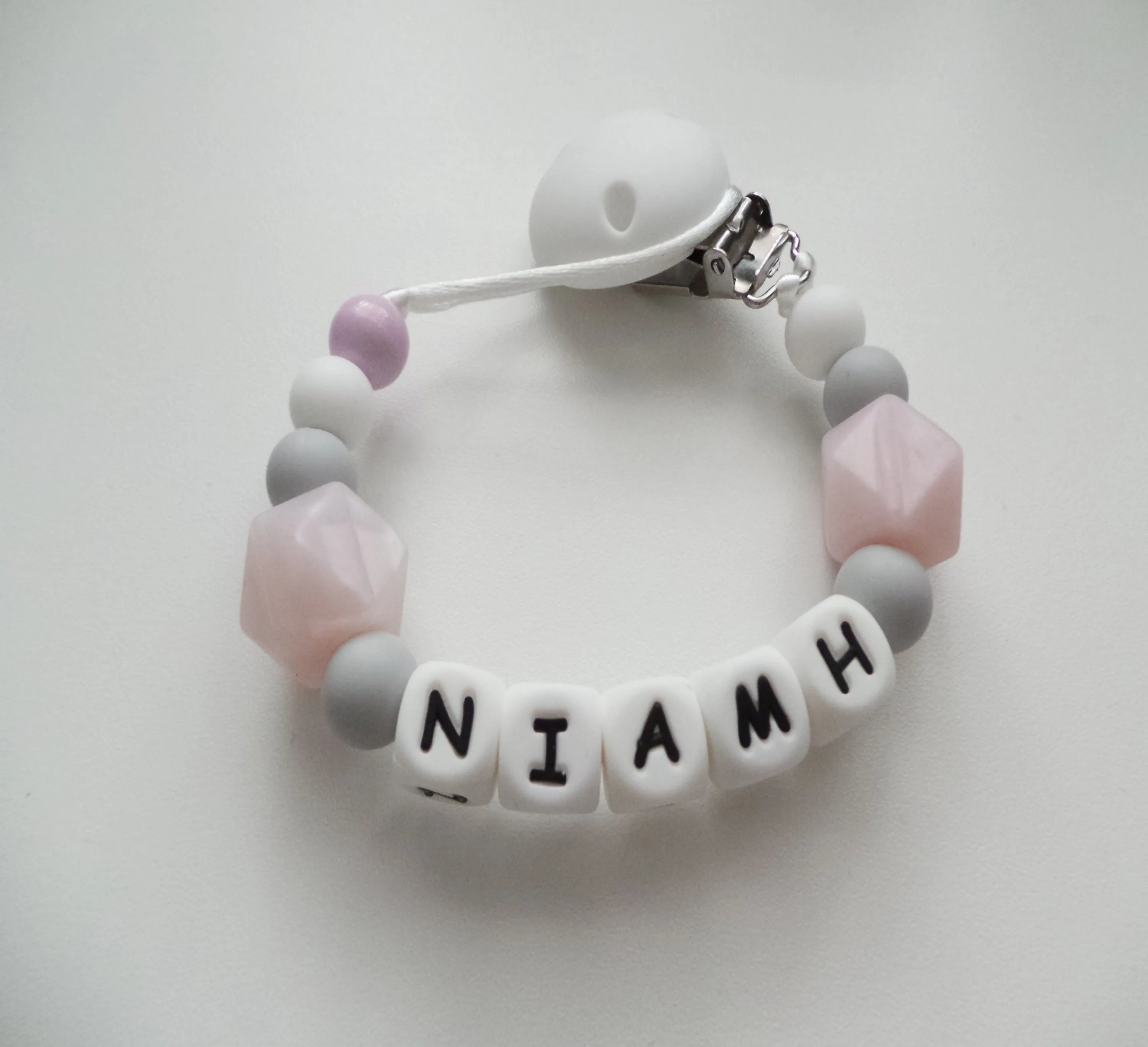 Personalised dummy clip - Pearl Pink, Grey & White