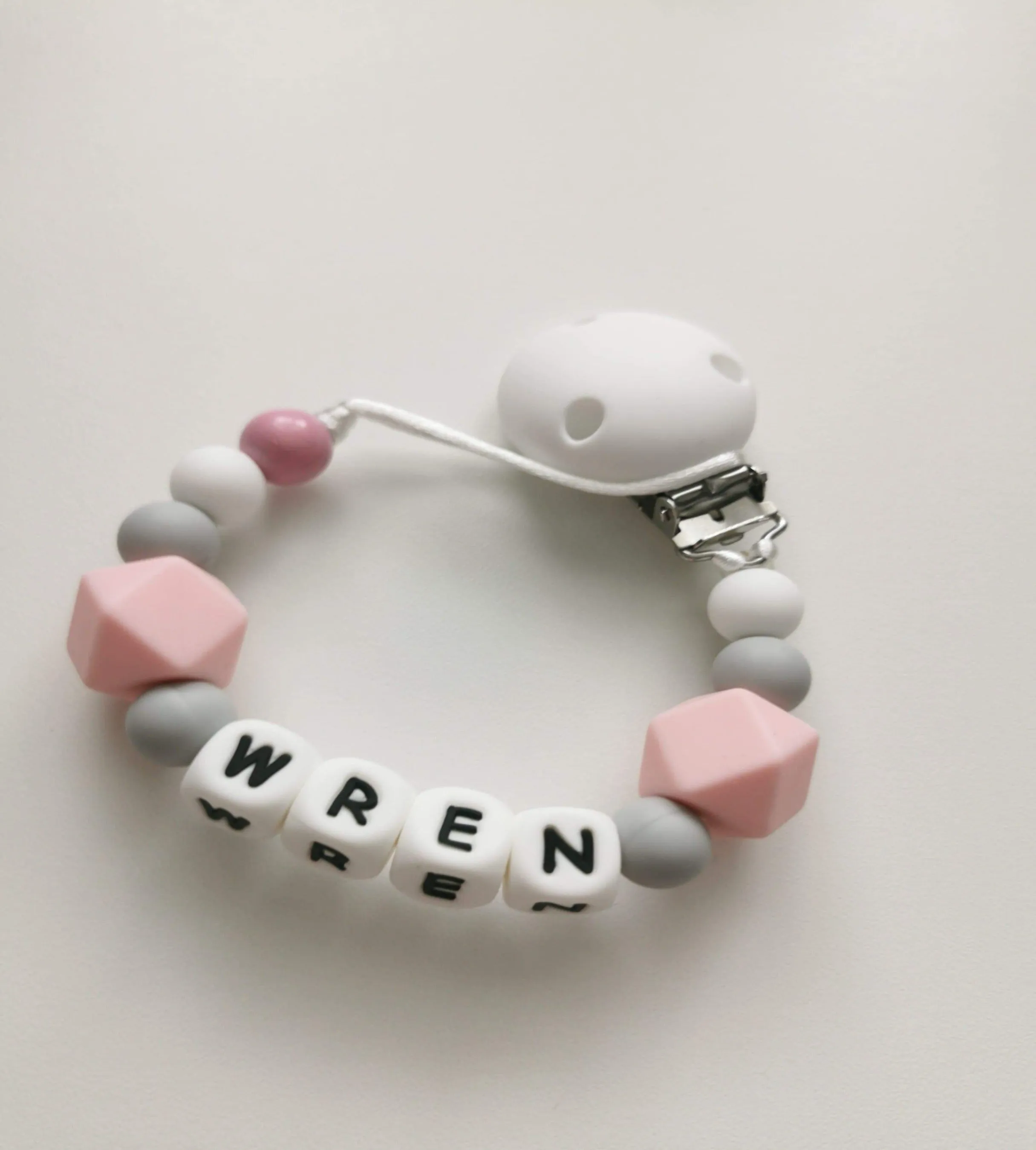 Personalised dummy clip- Pink, Grey & White