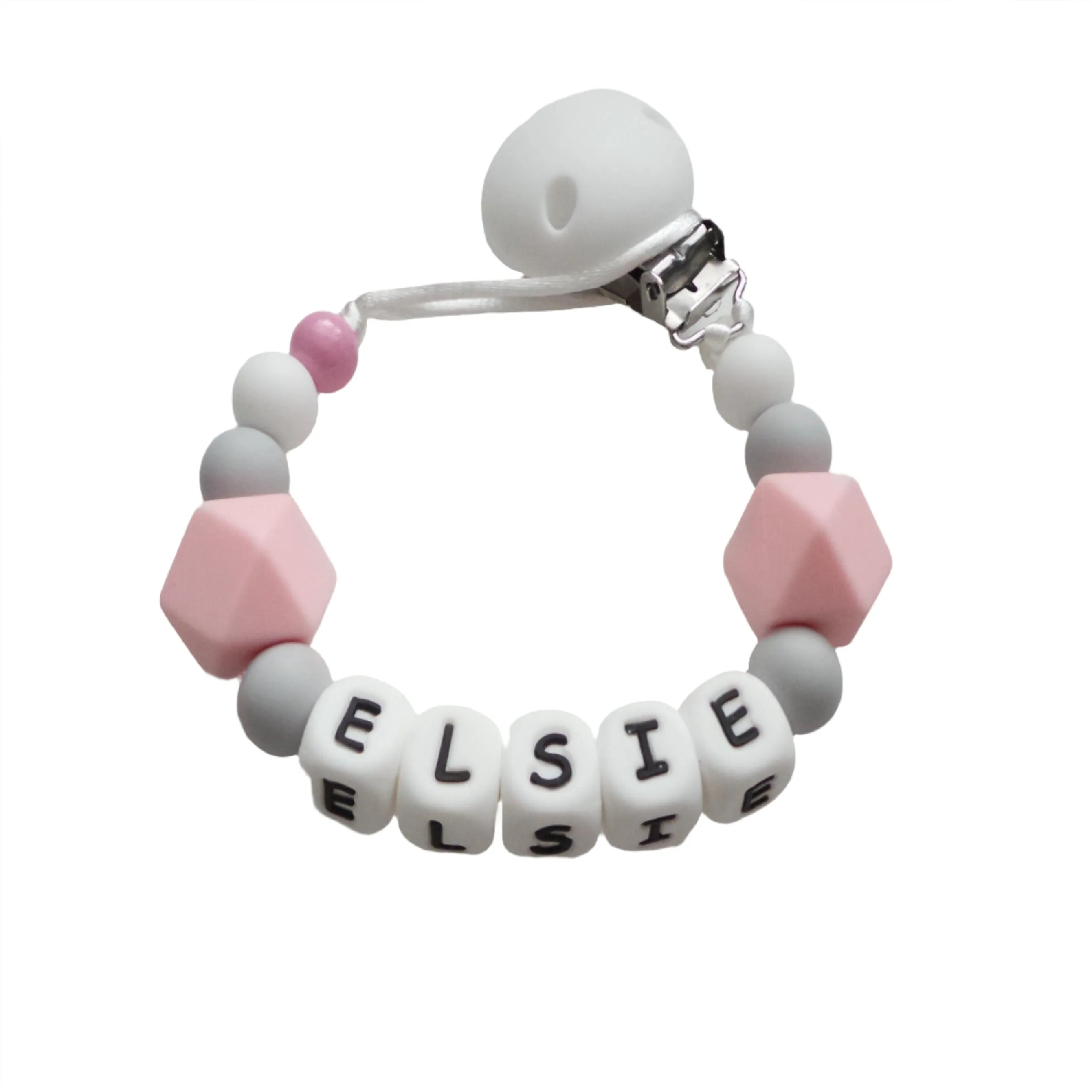 Personalised dummy clip- Pink, Grey & White