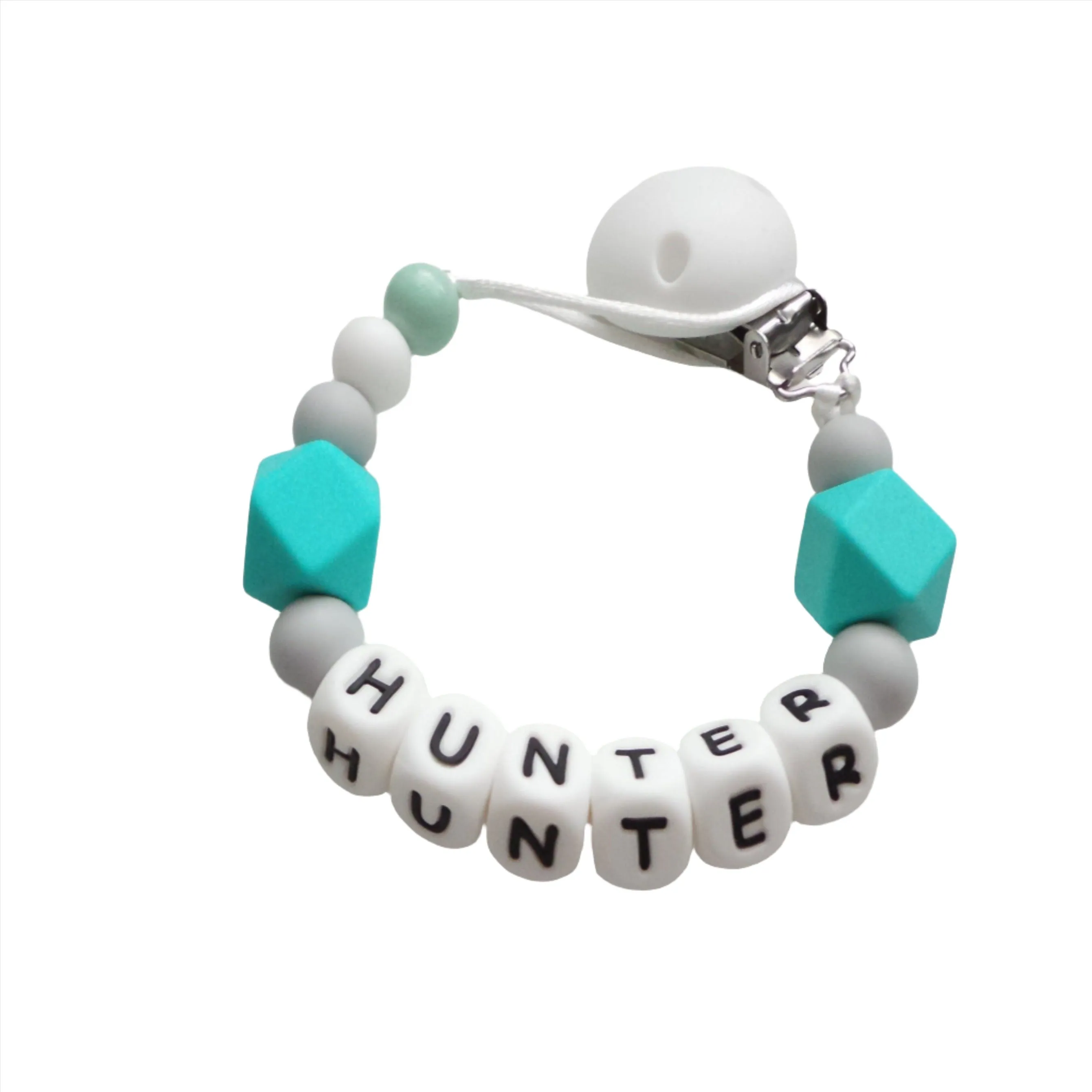 Personalised dummy clip - Teal, Grey & White