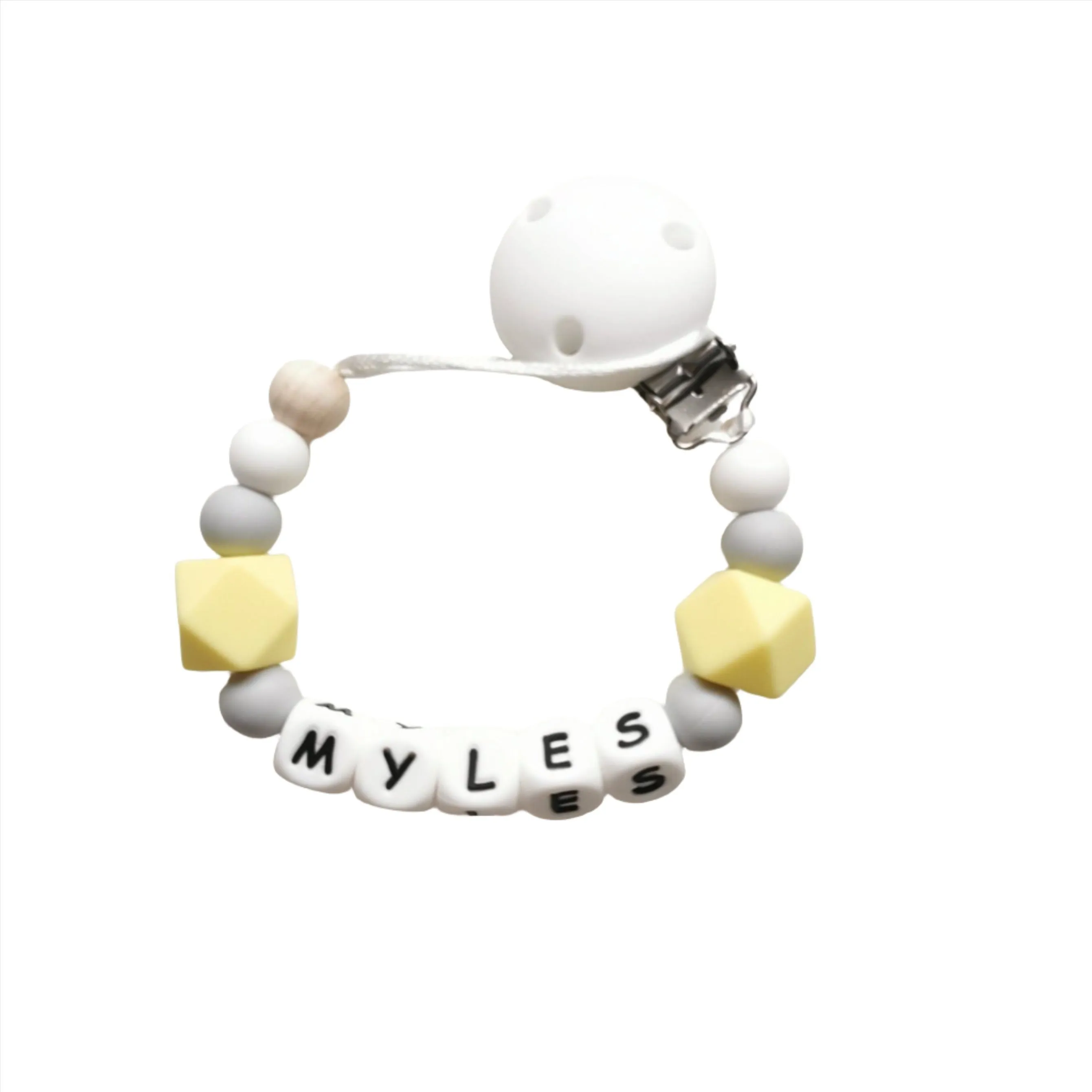 Personalised dummy clip - Yellow, Grey & White