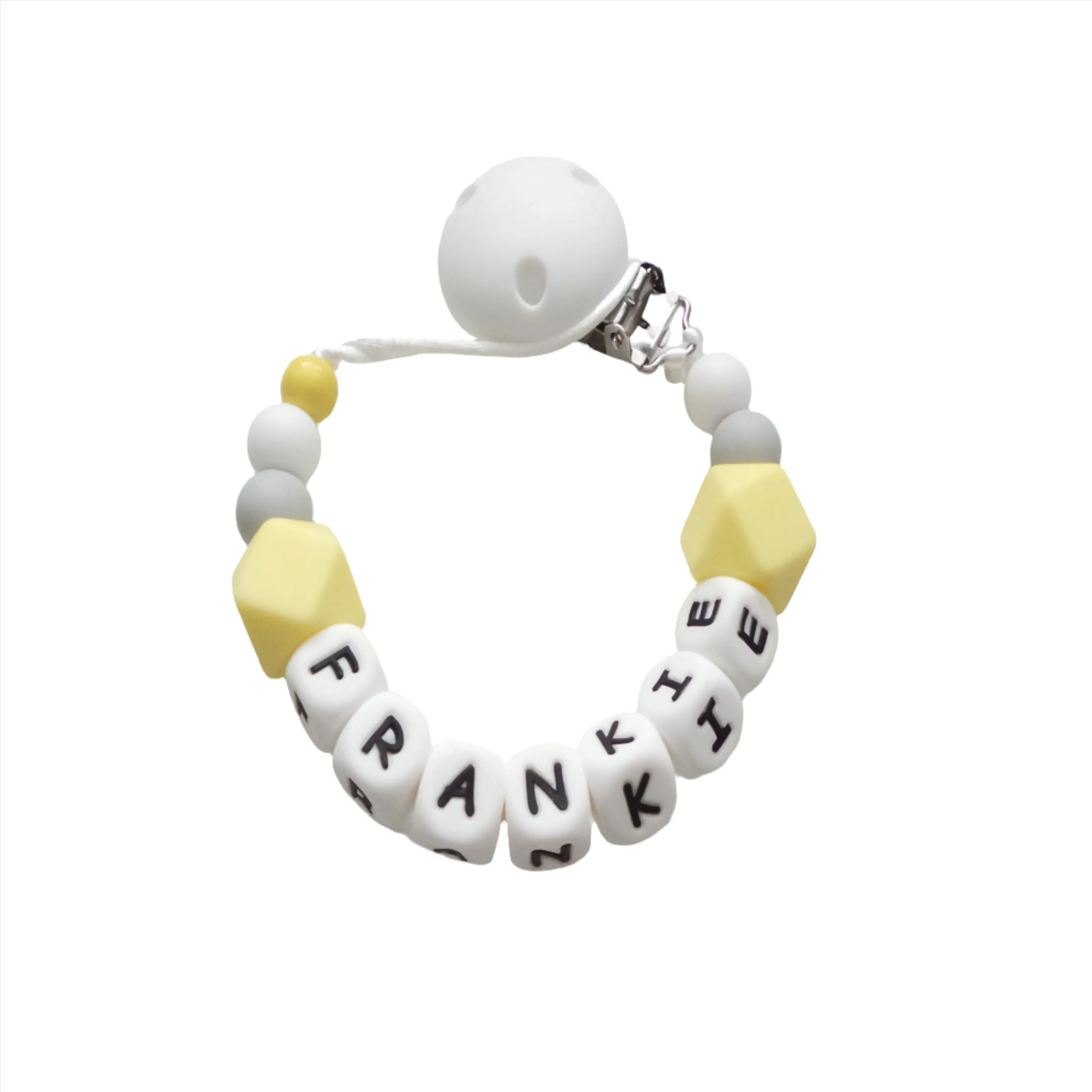 Personalised dummy clip - Yellow, Grey & White