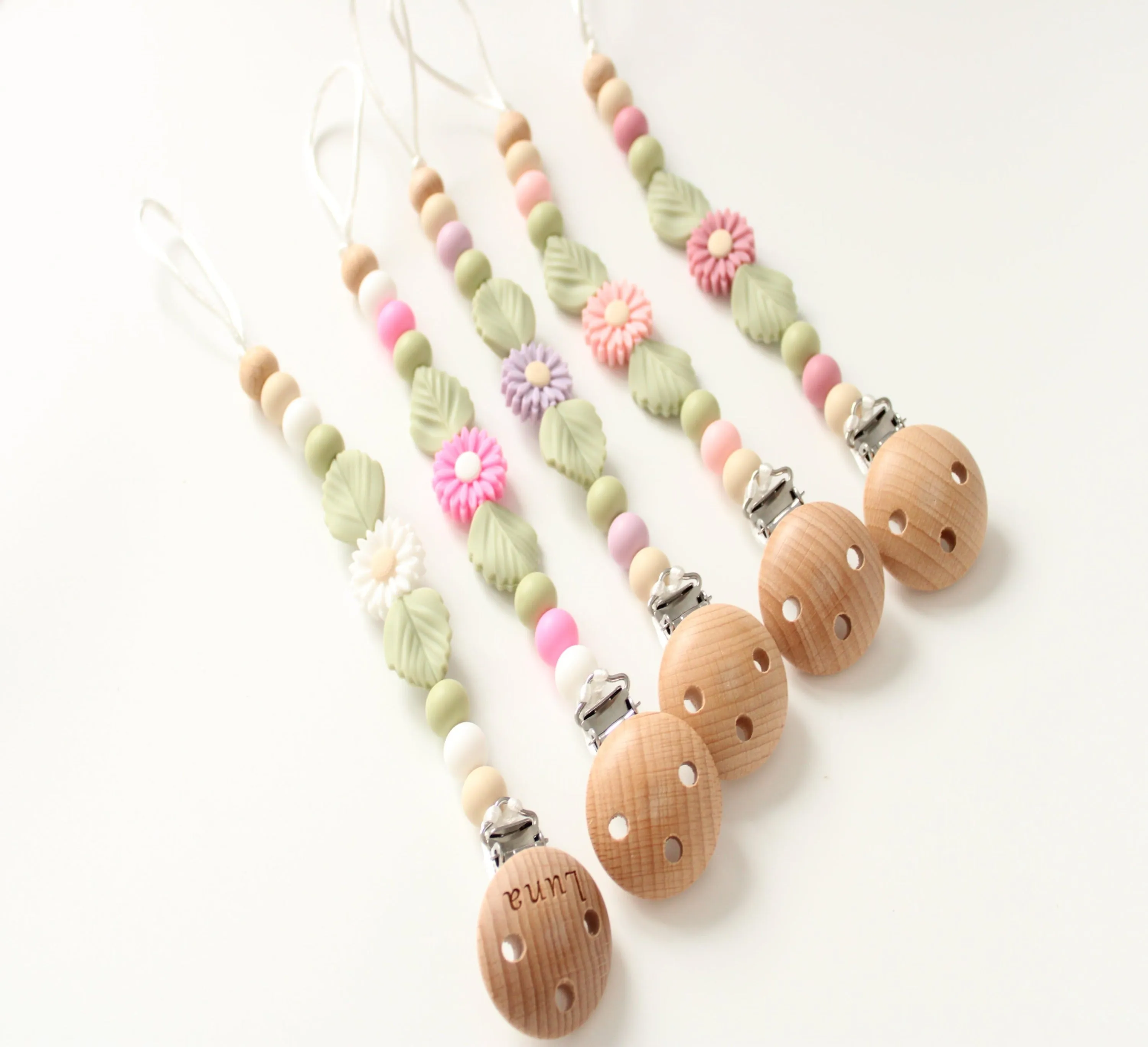 Personalised Floral Silicone  & Wooden Dummy clip