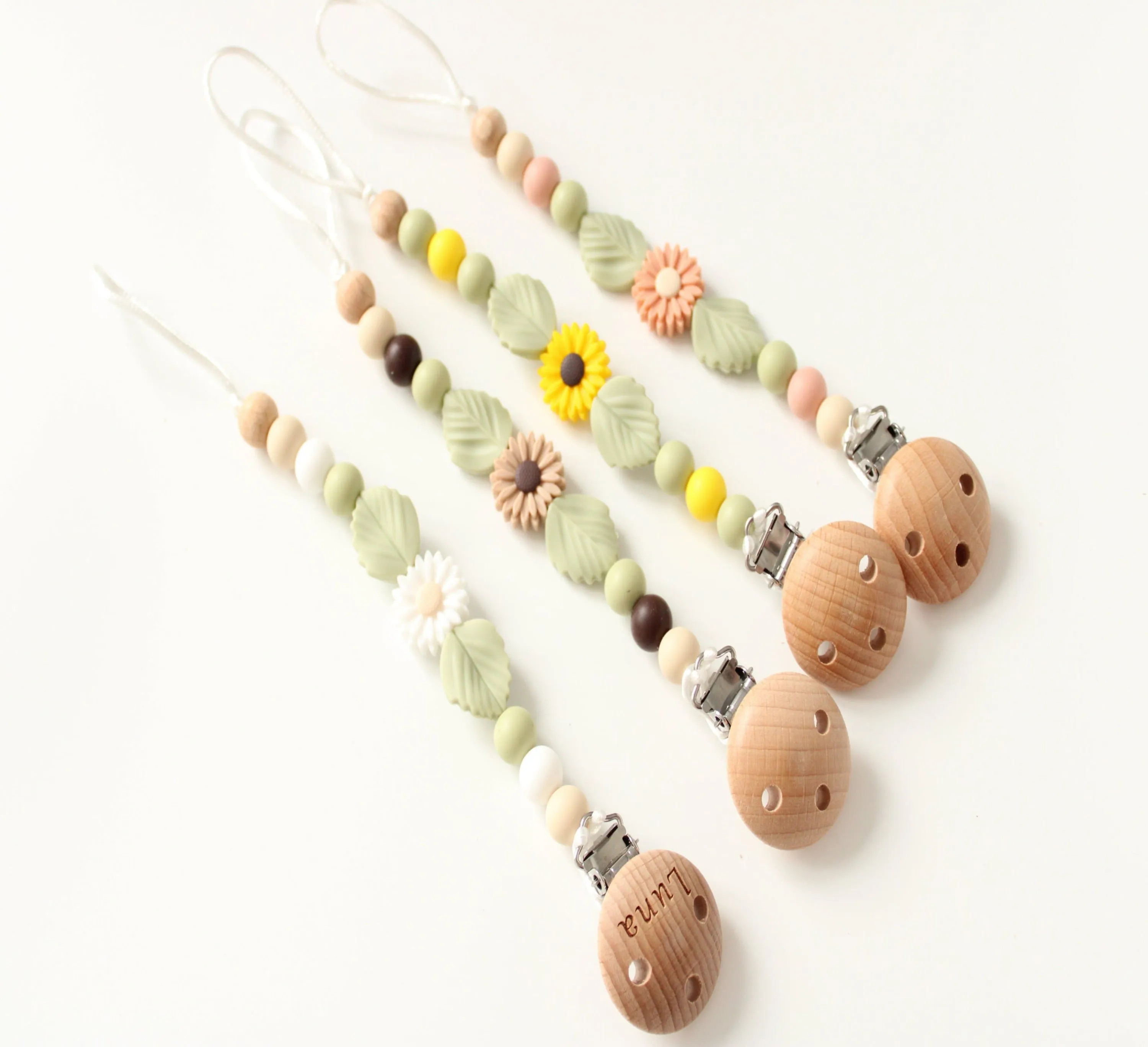 Personalised Floral Silicone & Wooden Dummy clip