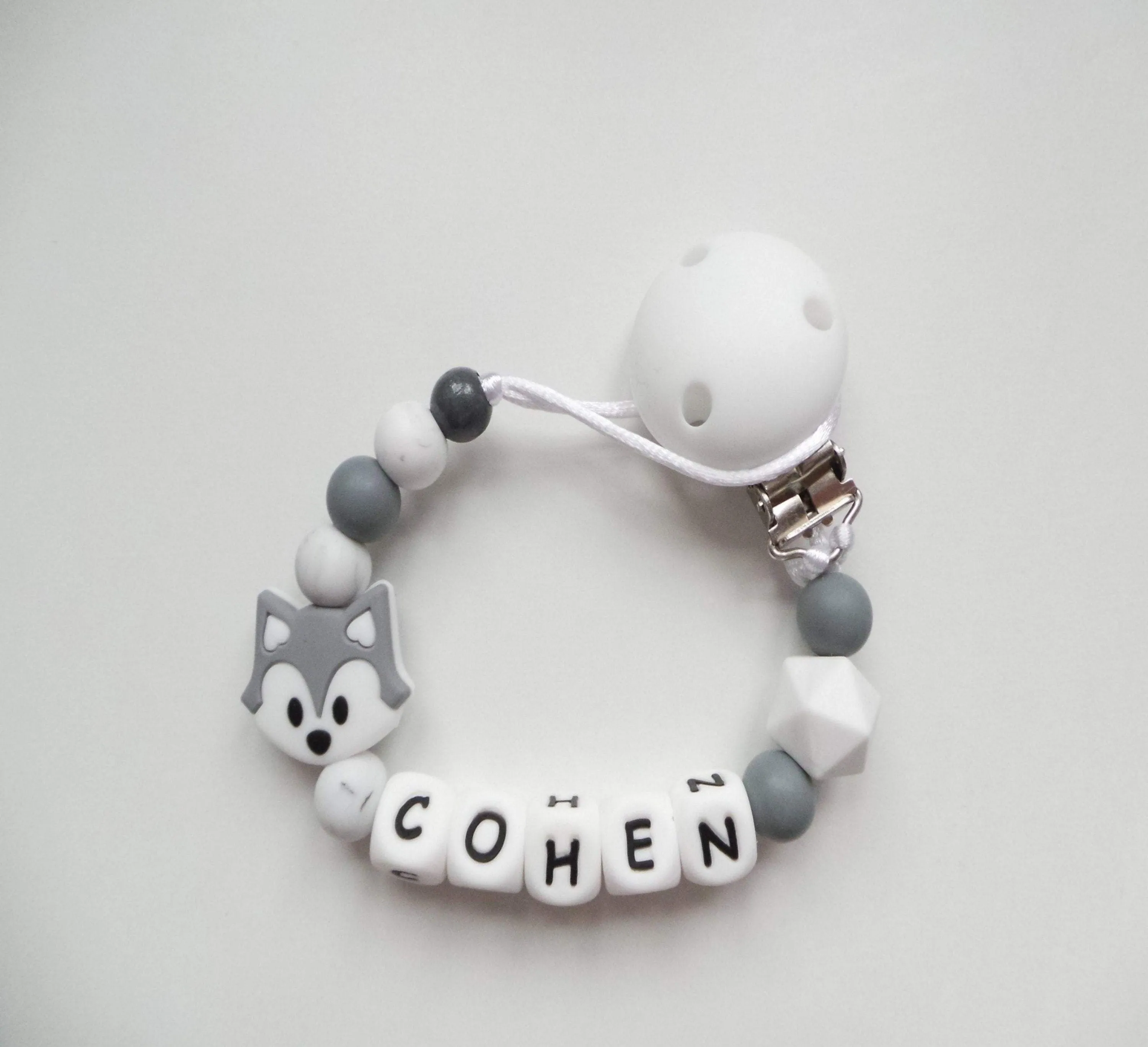 Personalised Fox Dummy clip- Grey & Marble